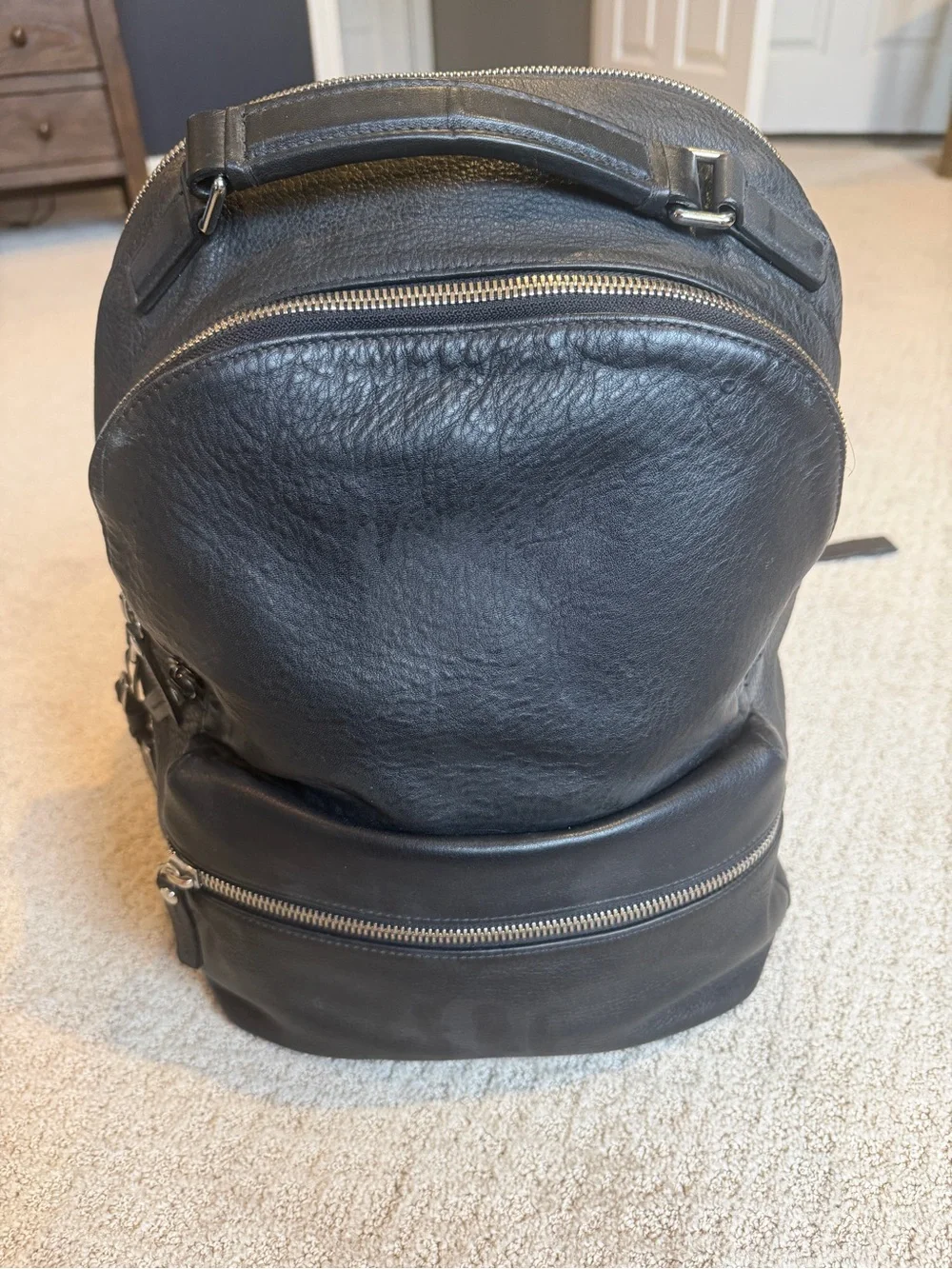 Shinola Black Pebbled Leather Backpack with Silver Hardware